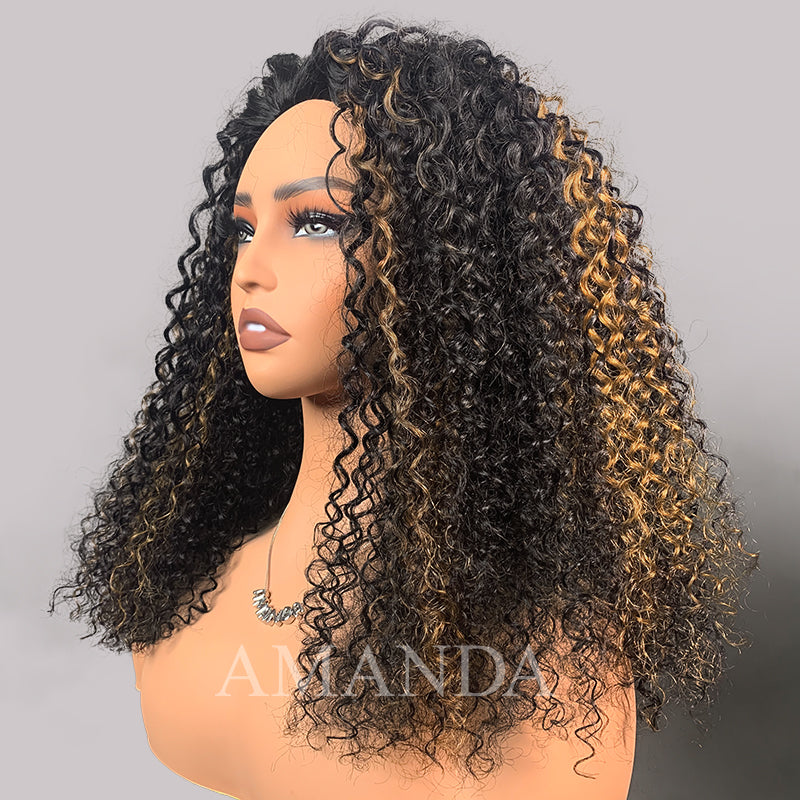 Flash Sale Buy 2 Get 1 Free Highlight Brown Jerry Curly Put On & Go 3 In 1 Half Wig Flip Over Invisi Drawstring Wig