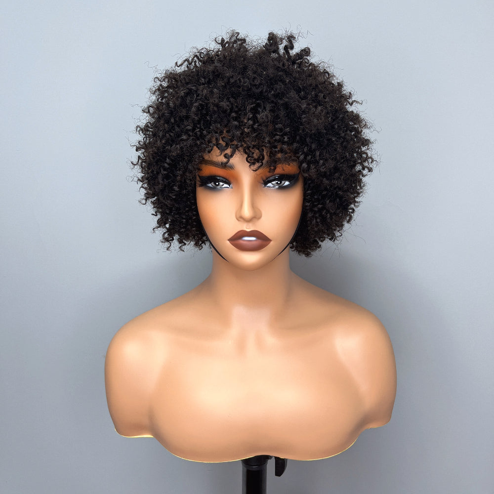 Flash Sale: Glueless Afro Kinky Curly Pixie Cut Bob Wig With Bangs Machine Human Hair Wig-Amanda Hair