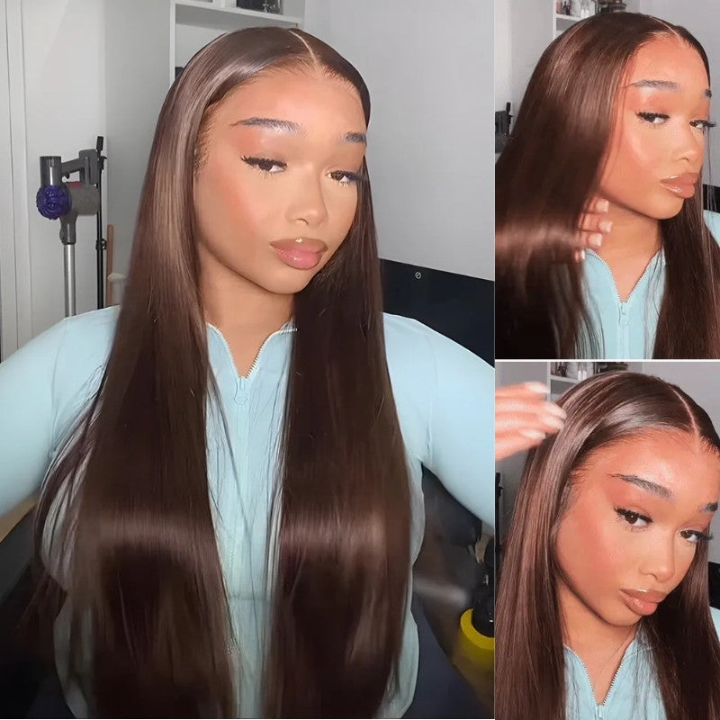 300% Density Dark Brown Straight 13x4 Lace Front Wigs Glueless Invisi Drawstring Human Hair Wigs - Amanda Hair