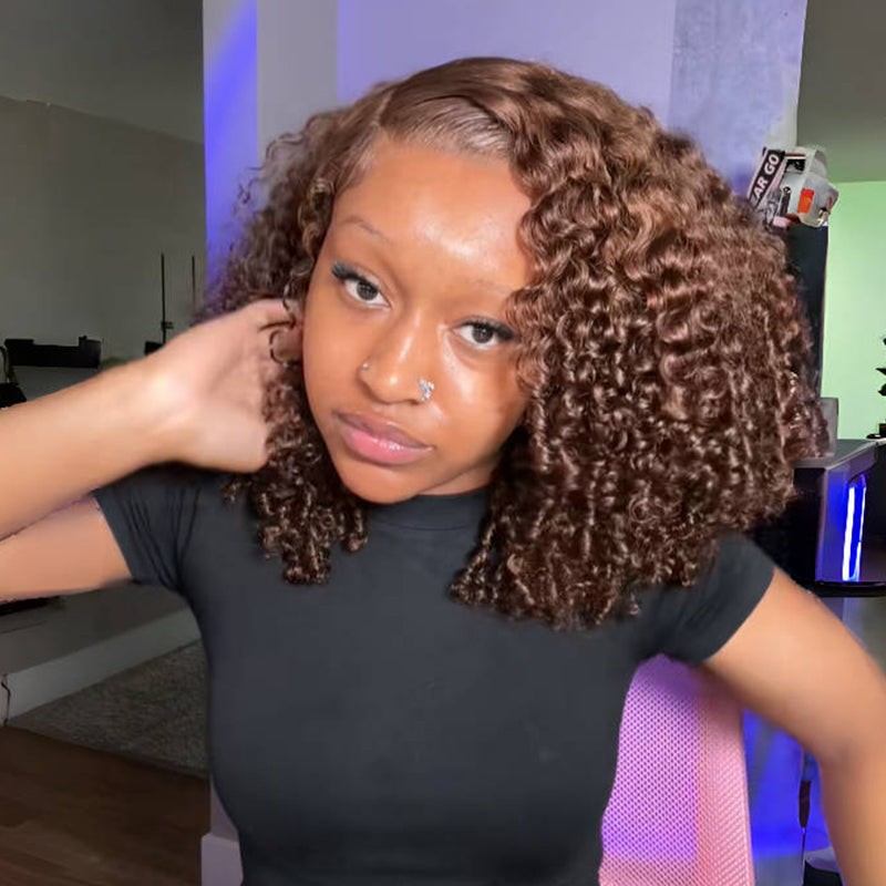 Chocolate Brown Bold Afro Curly Bob Hairstyle 4x4 / 13x4 Lace Front Colored Wig Human Hair -Amanda Hair