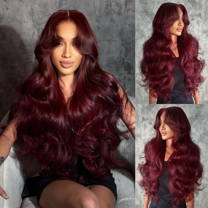 Halloween’s Pick | Glueless 7x5 / 13x4 Lace Frontal Wig Dark 99J Burgundy Human Hair Red Colored Body Wave Transparent Pre Plucked Lace Frontal Wigs- Amanda Hair