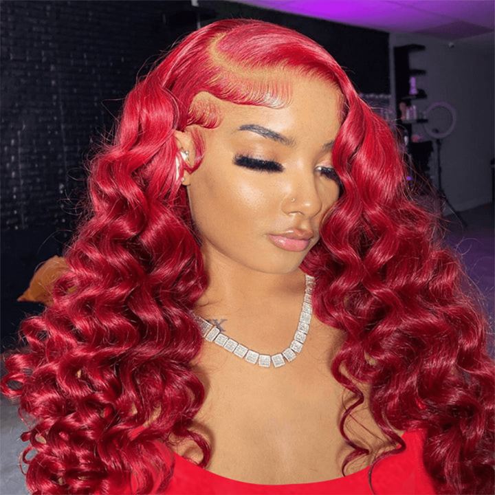 Bourgogne Lace Front perruque 99J baguette rouge bouclés perruques de cheveux humains couleur HD Transparent préplumé rouge vin cheveux perruque-Amanda cheveux