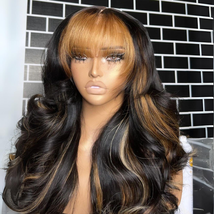 Human Hair Highlight Blonde Body Wave Lace Front Color Wigs with Bangs 1B/27-Amanda Hair