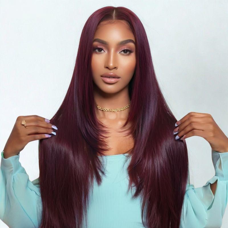 Straight 7x5 Lace Closure Glueless Purple Black Cherry Burgundy Wig Invisi Drawstring Human Hair Wigs Flash Sale