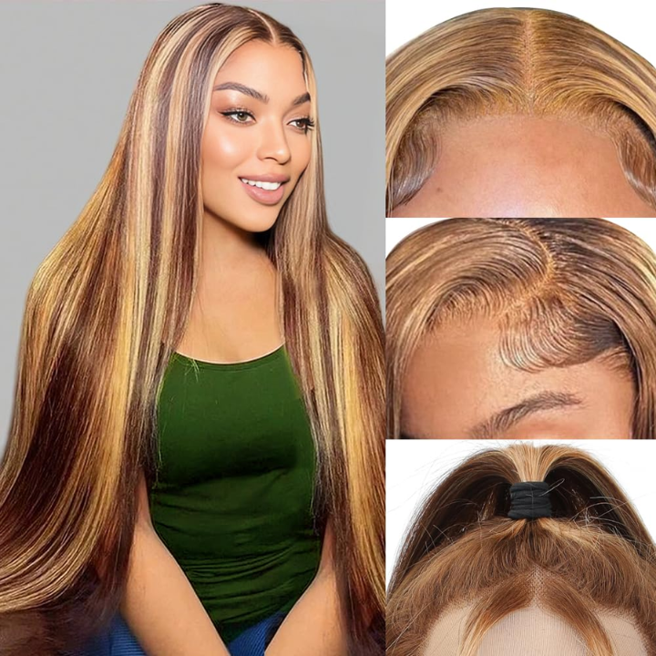 P4/27 Color Honey Blonde Peluca Cabello humano recto resaltado 4 * 4 Cierre de encaje Pelucas-Amanda Hair