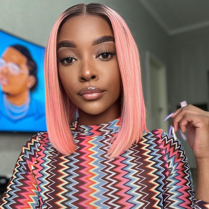 Dark Root to Pastel Pink Straight Colored Short Bob Lace Frontal Wigs Human Hair - Amanda Hair