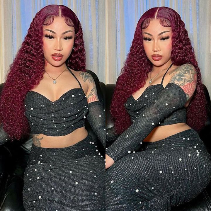 99J Burgundy Lace Front Wig Curly Colored HD Transparent Lace Human Hair Wigs Flash Sale - Amanda Hair