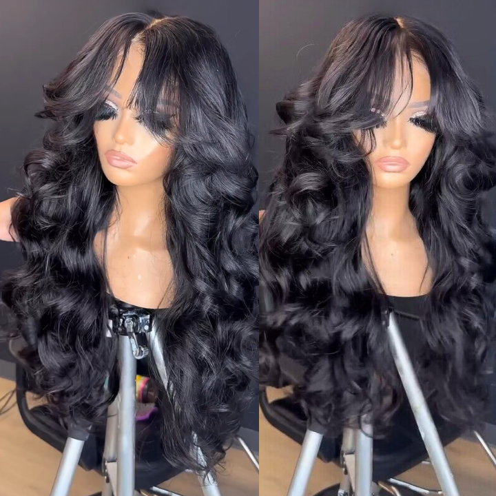 Pelucas de lujo personalizadas con 300 % de densidad, flequillo de cortina, ondas sueltas, sin pegamento, pelucas frontales de encaje transparente - Amanda Hair