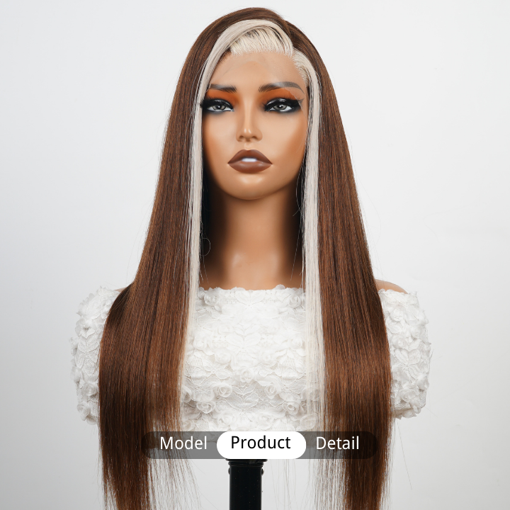 Ombre Brown Money Piece White Human Hair Transparent Glueless Lace Front Straight Colored Wigs-Amanda Hair