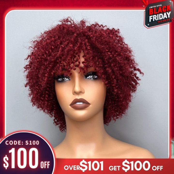 Flash Sale: Glueless Afro Kinky Curly Pixie Cut Bob Wig With Bangs Machine Human Hair Wig-Amanda Hair