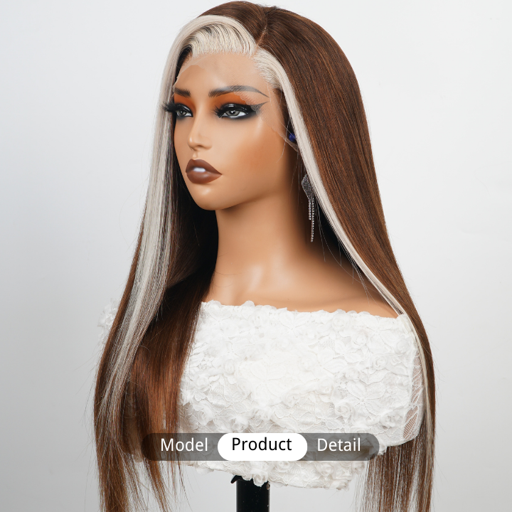 Ombre Brown Money Piece White Human Hair Transparent Glueless Lace Front Straight Colored Wigs-Amanda Hair