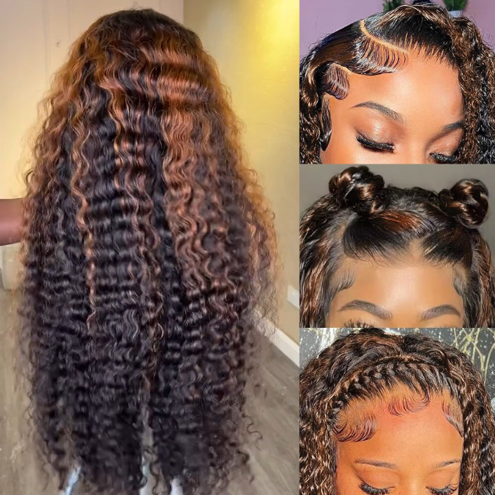 Highlight Color Light Brown Curly Clear HD Lace Front/Closure Wig Pre Plucked Brazilian Human Hair Deep wave Wig  - Amanda Hair