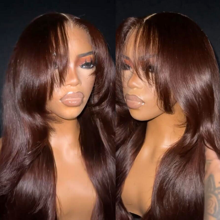 Dark Reddish Brown Glueless Body Wave Natural Curtain Bangs Hair Clear Transparent Lace Front Wigs For Women-Amanda Hair