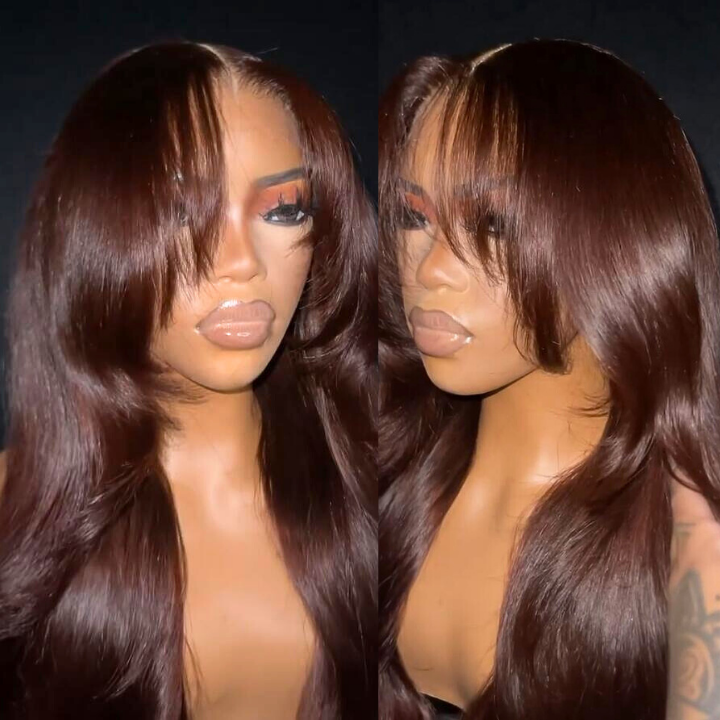 Dark Reddish Brown Glueless Body Wave Natural Curtain Bangs HD Transparent Lace Front Wigs For Women-Amanda Hair