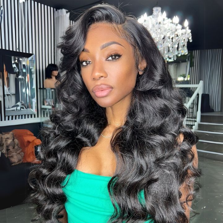 Pelucas de lujo personalizadas con 300 % de densidad, flequillo de cortina, ondas sueltas, sin pegamento, pelucas frontales de encaje transparente - Amanda Hair