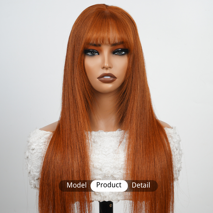 Pelucas de cabello humano de jengibre transparente sin pegamento con encaje frontal liso de color con flequillo - Amanda Hair
