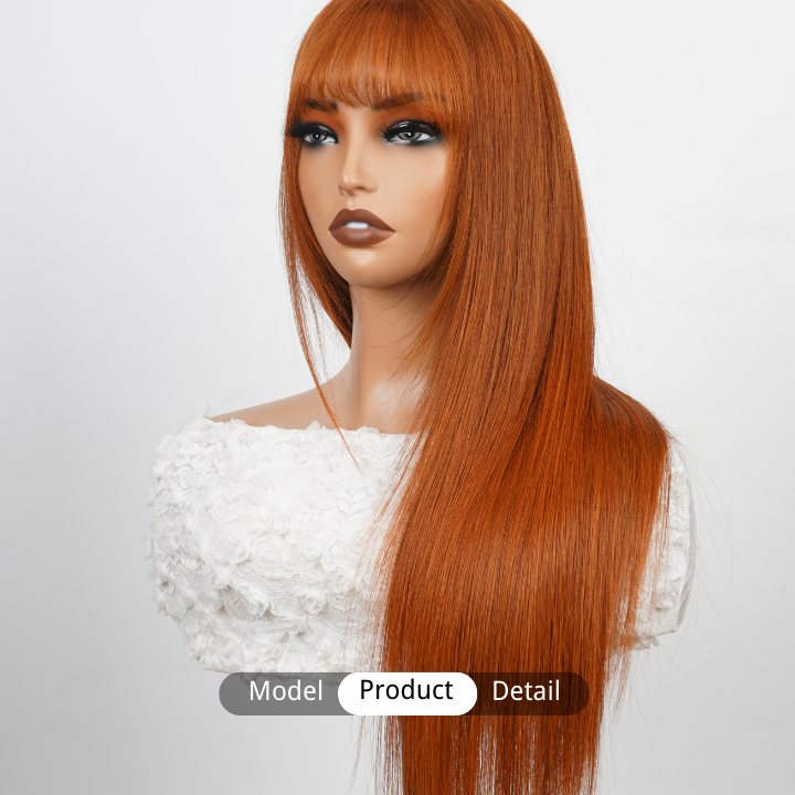 Pelucas de cabello humano de jengibre transparente sin pegamento con encaje frontal liso de color con flequillo - Amanda Hair