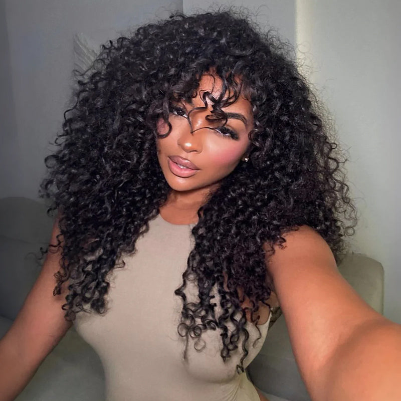 Glueless Deep Curly 4x4 Clear Transparent Lace Closure Wigs with Bangs For Women-Amanda Hair