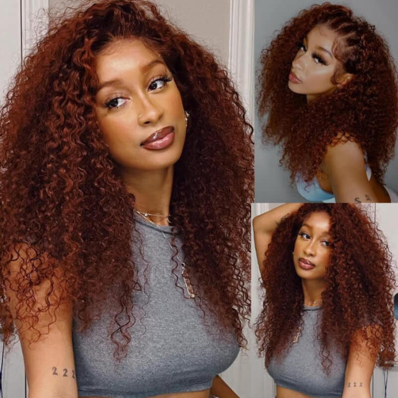Burmese Curly Reddish Brown HD Tranparent Lace Jerry Curly Glueless Wigs 180% Density-Amanda Hair