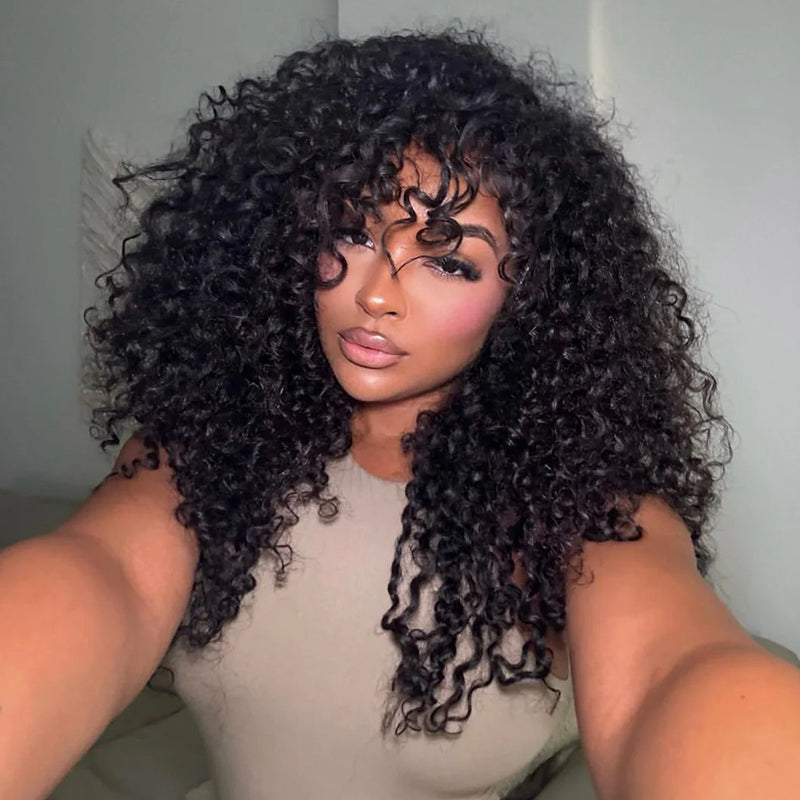 Glueless Deep Curly 4x4 Clear Transparent Lace Closure Wigs with Bangs For Women-Amanda Hair