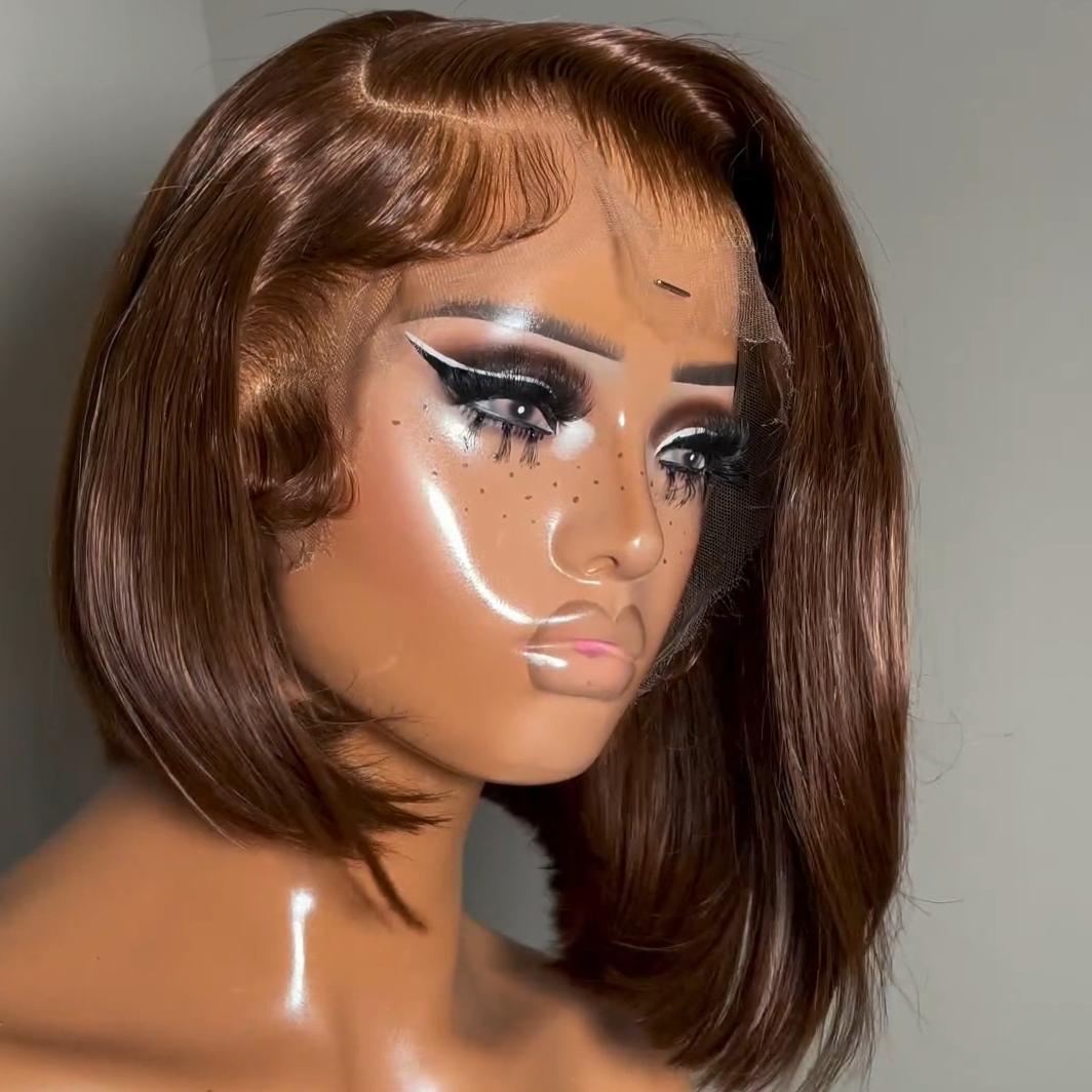 Natural Black & Brown Color Invisible Knots Glueless Straight Short Bob Wig Pre-cut Lace Flash Sale -Amanda Hair