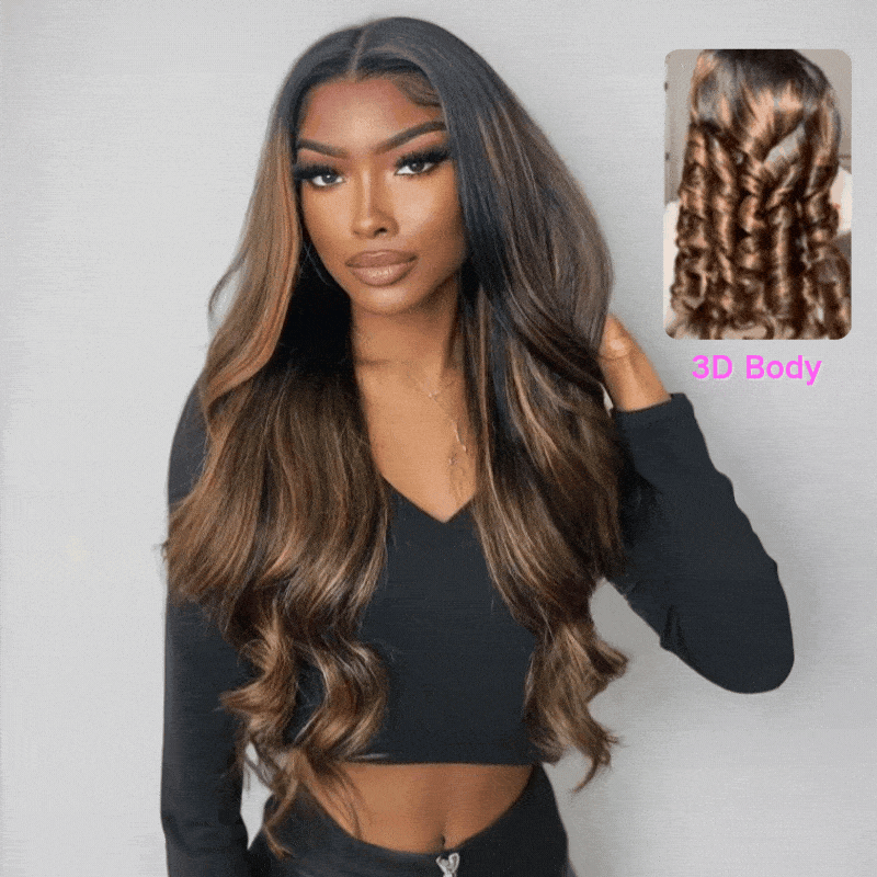 Glueless 3D Body Wave Highlight Balayage Brown 7x5 / 13x4 Transparent HD Lace Put On & Go Invisible Drawstring Human Hair Wig Amanda Hair