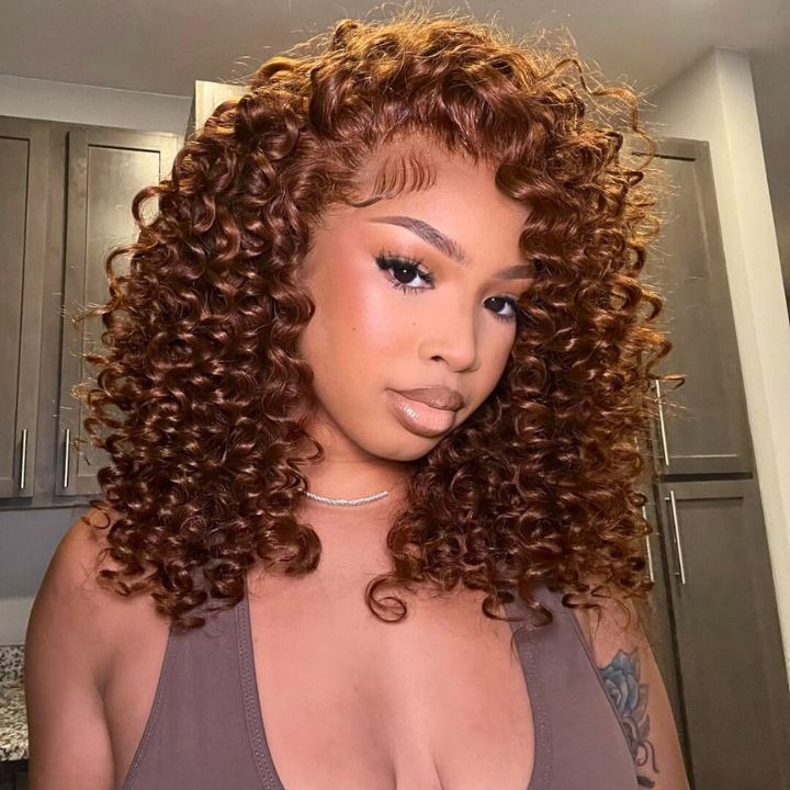 Glueless Lace Chocolate Reddish Brown Lace Front Deep Wave Wig 100% Human Hair Clear Transparent Lace Colored Wig- Amanda Hair