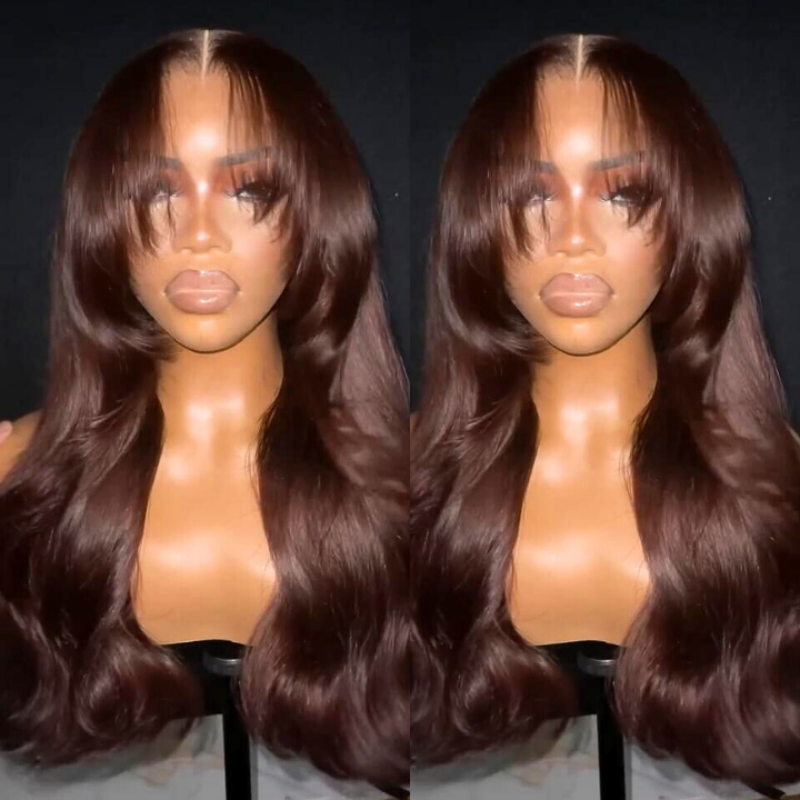 Dark Reddish Brown Glueless Body Wave Natural Curtain Bangs HD Transparent Lace Front Wigs For Women-Amanda Hair