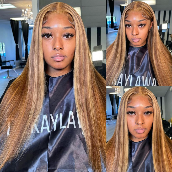 P4/27 Color Honey Blonde Peluca Cabello humano recto resaltado 4 * 4 Cierre de encaje Pelucas-Amanda Hair
