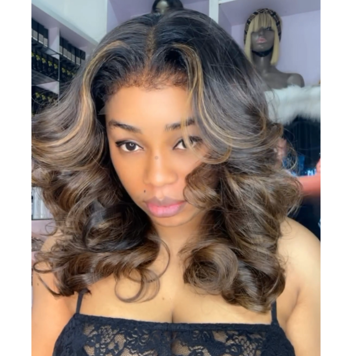 Pelucas de cabello humano 100 % con encaje frontal, ondas sueltas y reflejos rubios, sin pegamento, de Amanda Hair