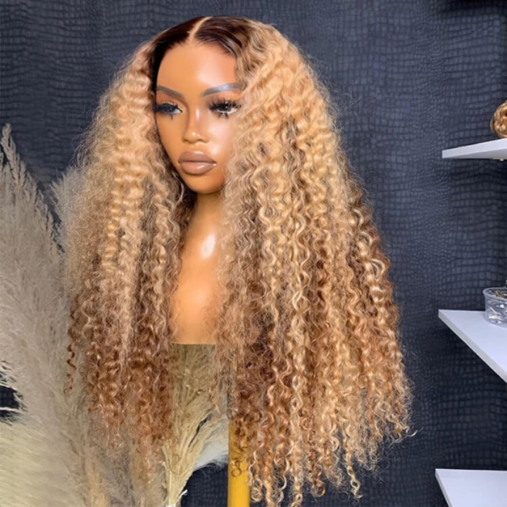 Highlight Color Honey Blonde Curly HD Transparent Lace Front/Closure Wig With Brown Roots- Amanda Hair