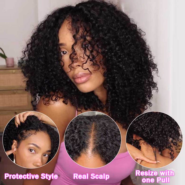 Upgrade V Part Jerry Curly Glueless Wig Invisi Drawstring Real Scalp Virgin Human Hair Flash Sale- Amanda Hair