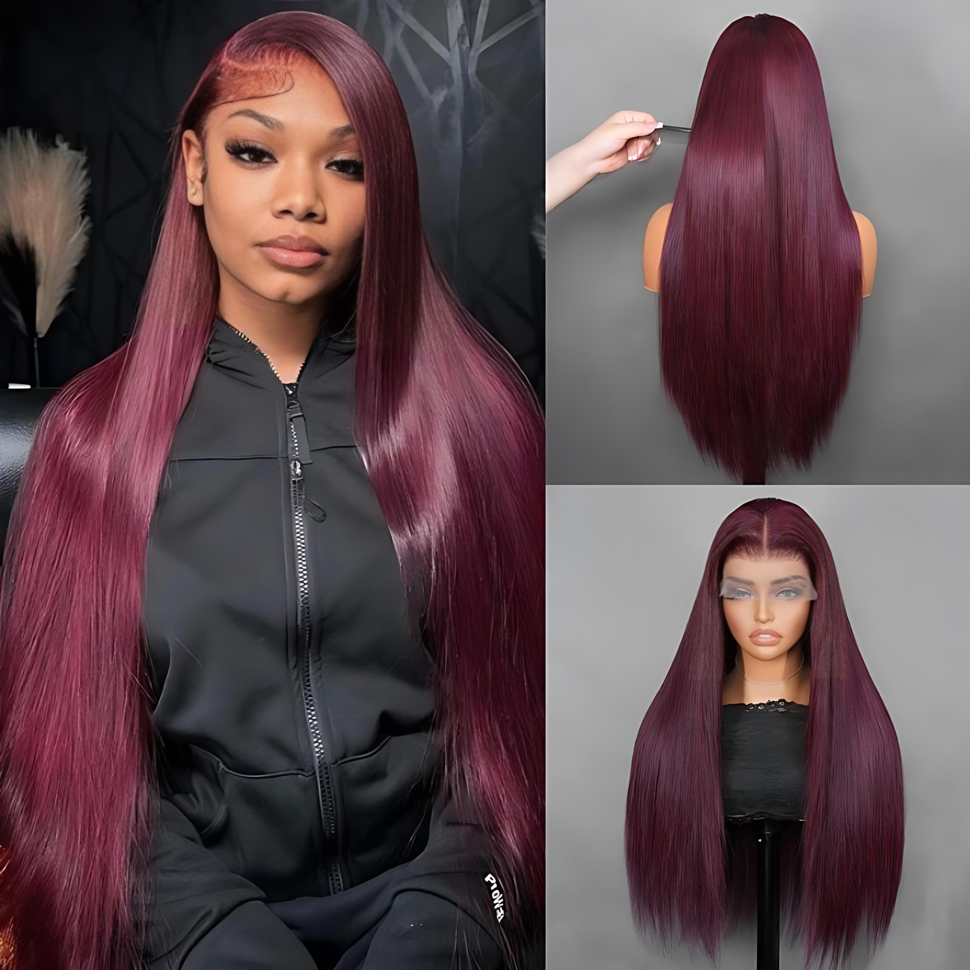 Straight 7x5 / 13x4 Lace Frontal Glueless Purple Black Cherry Burgundy Wig Invisi Drawstring Human Hair Wigs-Amanda Hair