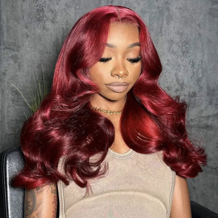 Peluca de cabello humano con ondas sueltas color rojo burdeos 99J, 13 x 4, con frente de encaje y cierre de encaje 4 x 4, peluca de cabello humano con pelo de bebé - Amanda Hair