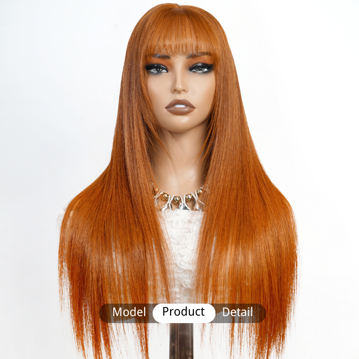 Pelucas de cabello humano de jengibre transparente sin pegamento con encaje frontal liso de color con flequillo - Amanda Hair