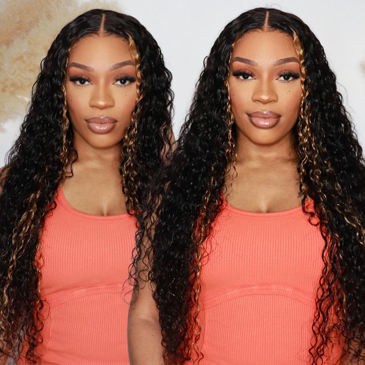 Envío rápido en 24 horas, reflejos rubios sin pegamento en una lujosa peluca de ondas profundas y rizadas con encaje frontal - Peluca transparente con encaje frontal y cierre - Amanda Hair