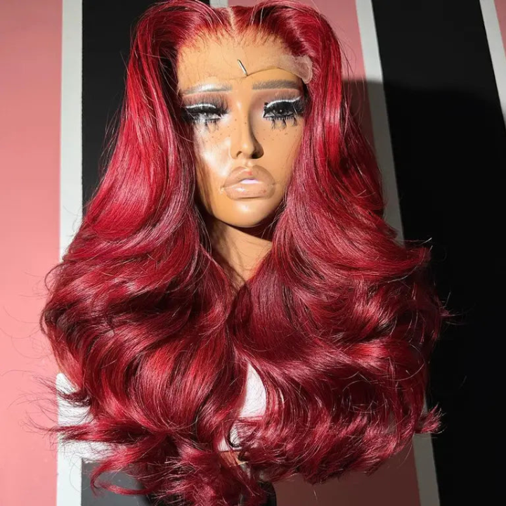 Peluca de cabello humano con ondas sueltas color rojo burdeos 99J, 13 x 4, con frente de encaje y cierre de encaje 4 x 4, peluca de cabello humano con pelo de bebé - Amanda Hair