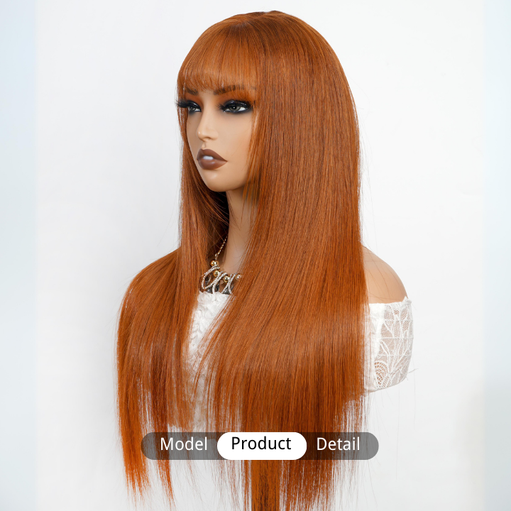 Pelucas de cabello humano de jengibre transparente sin pegamento con encaje frontal liso de color con flequillo - Amanda Hair