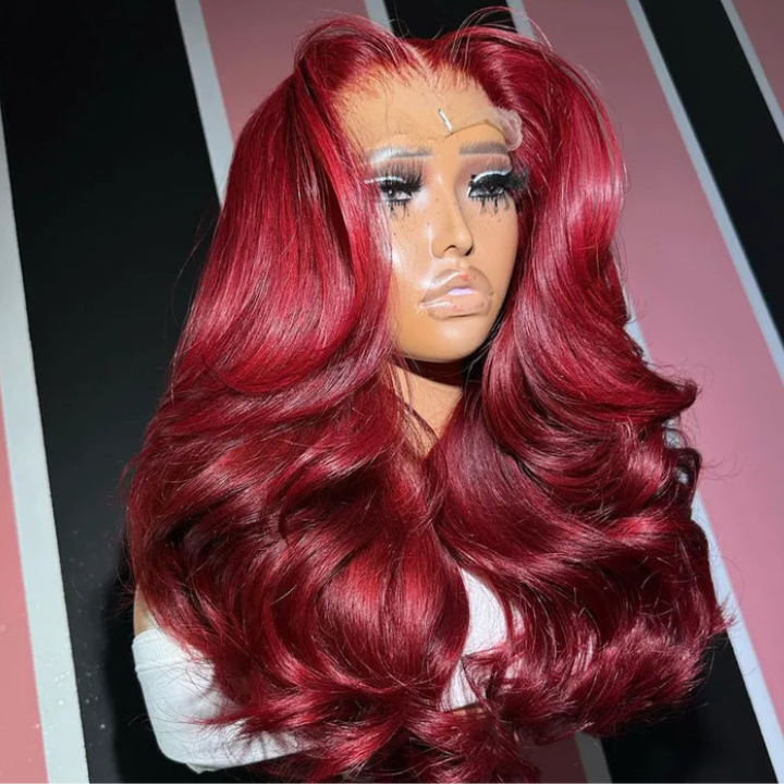 Peluca de cabello humano con ondas sueltas color rojo burdeos 99J, 13 x 4, con frente de encaje y cierre de encaje 4 x 4, peluca de cabello humano con pelo de bebé - Amanda Hair