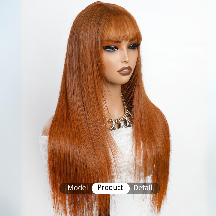 Pelucas de cabello humano de jengibre transparente sin pegamento con encaje frontal liso de color con flequillo - Amanda Hair