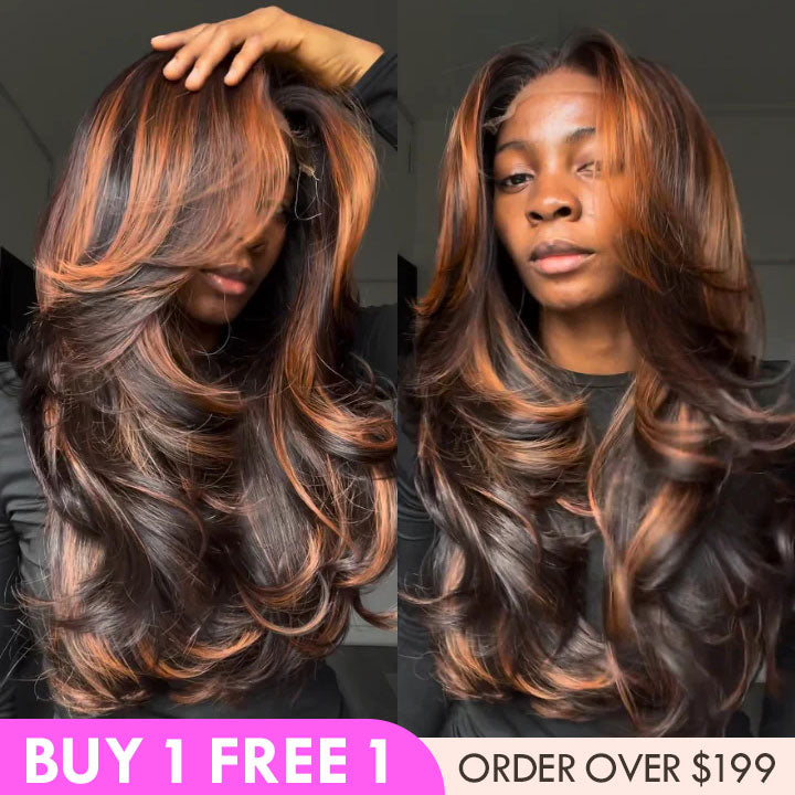 Highlight Ginger Brown 6x4/13x4 Lace Loose Wave Wigs with Curtain Bangs Human Hair Undetectable Clear Transparent Lace Wigs