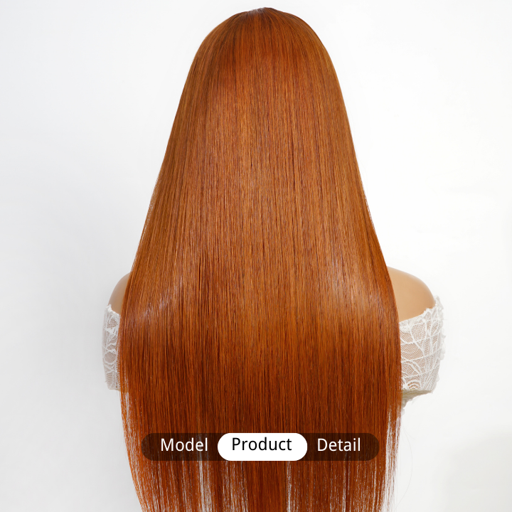 Pelucas de cabello humano de jengibre transparente sin pegamento con encaje frontal liso de color con flequillo - Amanda Hair