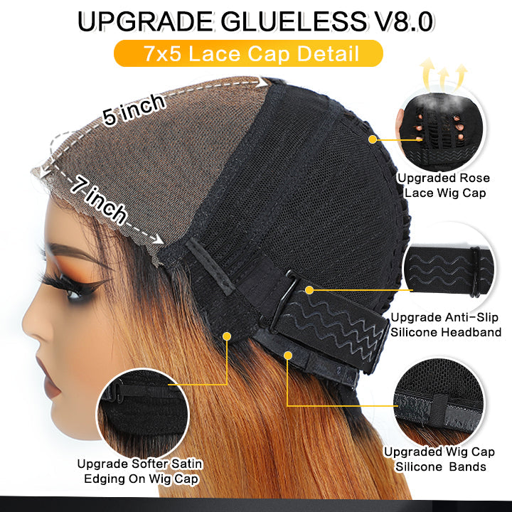 Pelucas de cabello humano de jengibre transparente sin pegamento con encaje frontal liso de color con flequillo - Amanda Hair