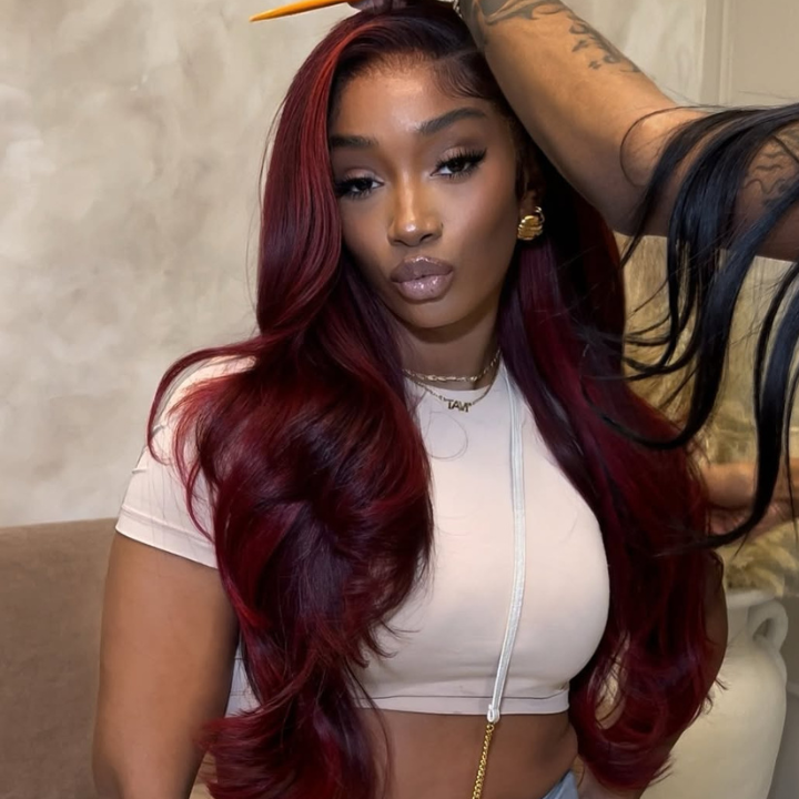 $100 Off Full $100| Glueless Dark 99J Burgundy Red Colored Body Wave Pre Plucked HD Lace Frontal Wig Flash Sale