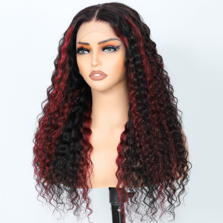 Peluca con encaje frontal de alta definición con ondas al agua de cabello humano color burdeos resaltado de 13 x 4/7 x 5 - Amanda Hair