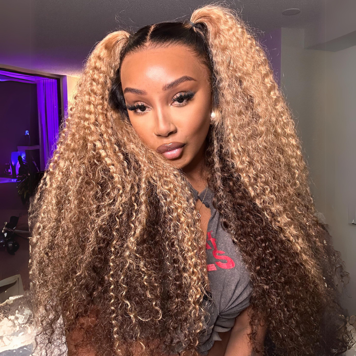 Highlight Color Honey Blonde Curly HD Transparent Lace Front/Closure Wig With Brown Roots- Amanda Hair