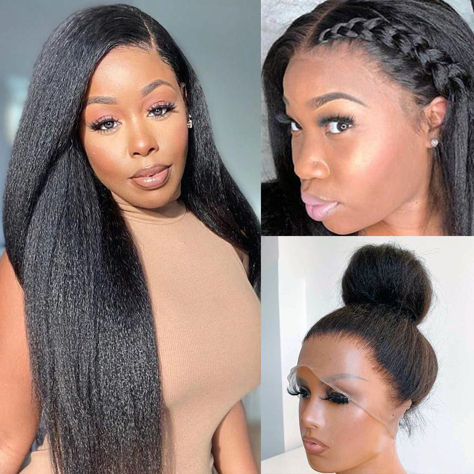 HD transparent lace frontal kinky straight human hair wig kinky straight hair lace front wigs