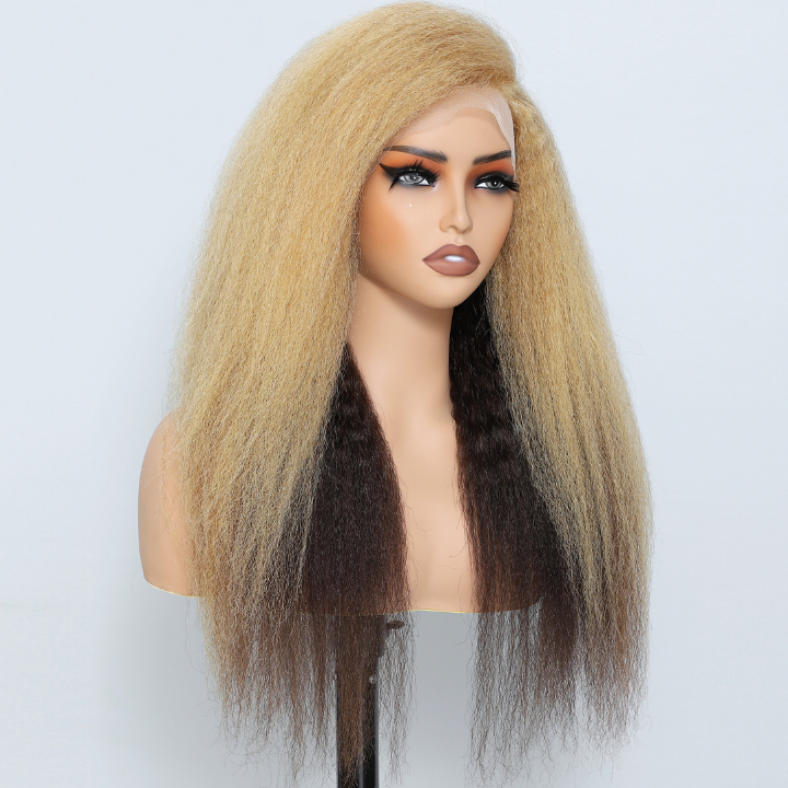 Peluca de cabello humano con frente de encaje HD, ombré, bolnde, liso y rizado, 13 x 4/7 x 5 - Amanda Hair