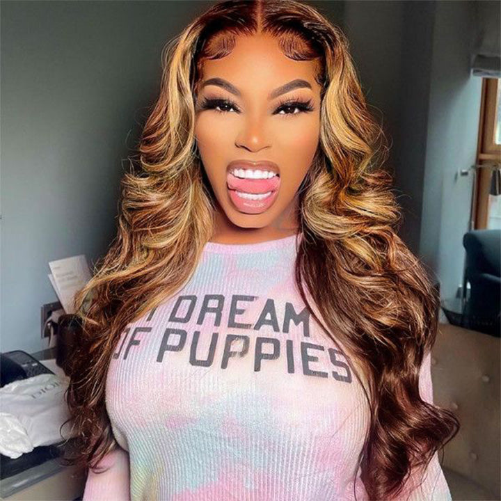 Vente Flash : Balayage Brun Clair Sans Colle Transparent Dentelle Fermeture Corps Vague Perruques Cheveux Humains 5x5 Partie De Dentelle Surbrillance Couleur Perruque-Amanda Cheveux