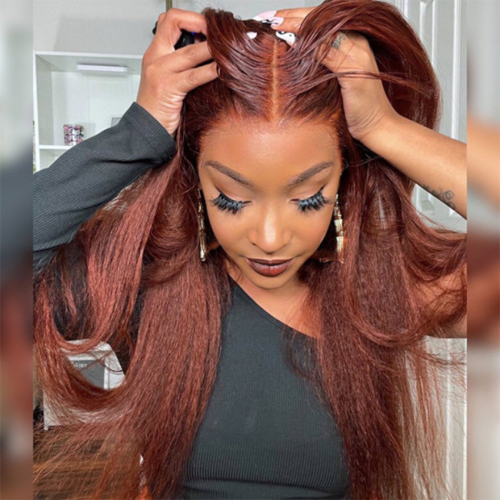 Kinky Straight Reddish Brown / Highlight Brown / Natural Color 13x4 Transparent Lace Front Wigs 100% Human Hair Wigs